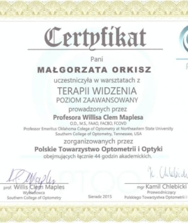 Terapia widzenia, poziom zaawansowany. Prof. Willis Clem Maples, Sieradz, PTOO, 2015