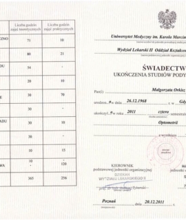Małgorzata Orkisz. Studia podyplomowe z optometrii. Uniwersytet Medyczny Poznań 2011