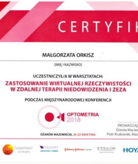Zastosowanie VR w zdalnej terapii niedowidzenia i zeza, Ożarów Mazowiecki 2018