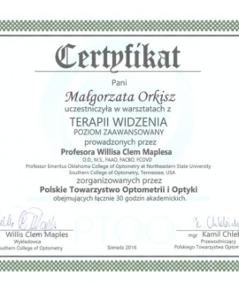 Terapia widzenia, poziom zaawansowany. Prof. Willis Clem Maples, Sieradz, PTOO, 2016